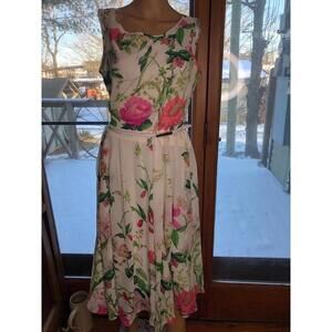 Denny And Nicole White Pink Green Belted Floral Sleeveless Dress Womens 8